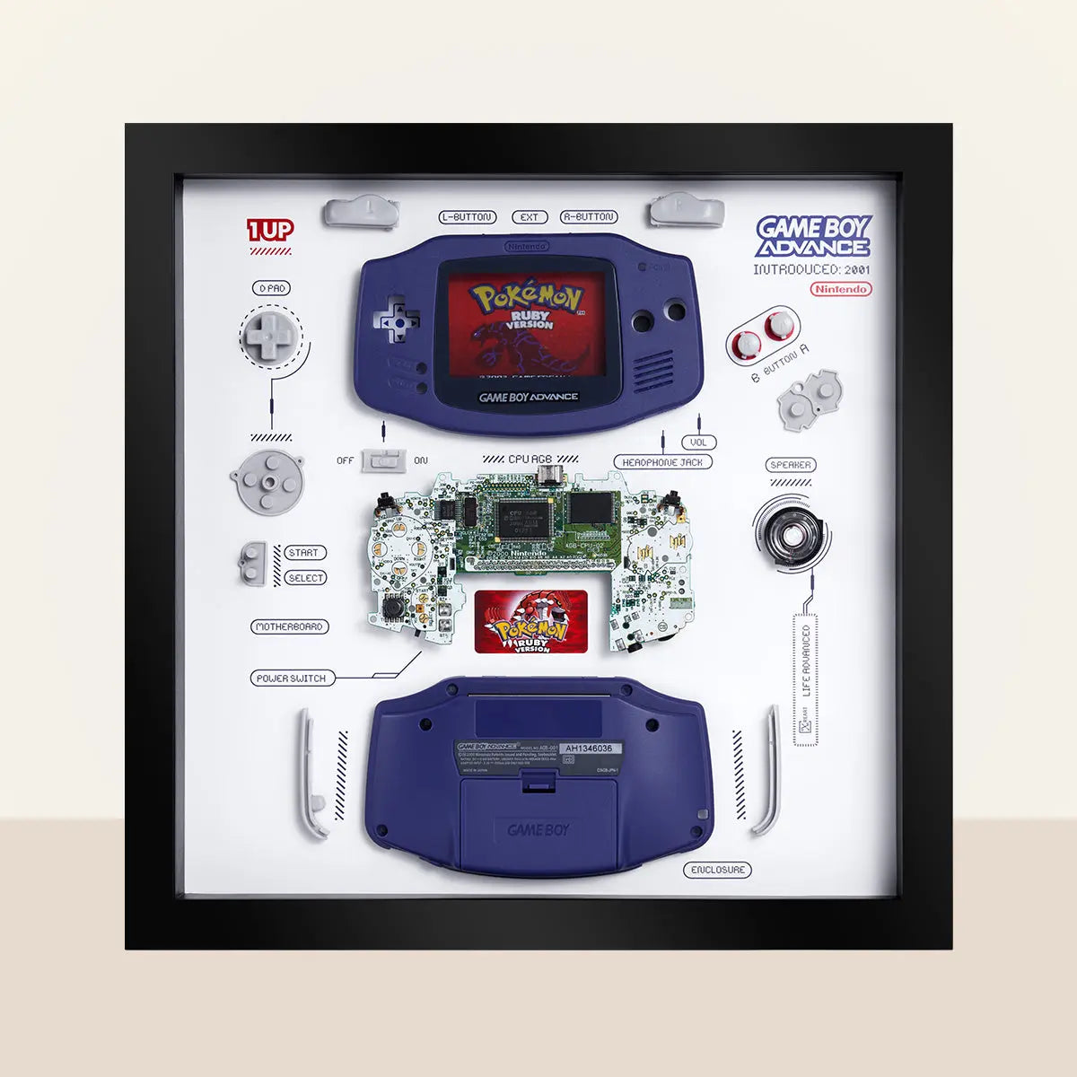 Xreart Nintendo Game Boy Advance Teardown Framed Art - Retro Gaming Wall Decor Unique Collector Gift