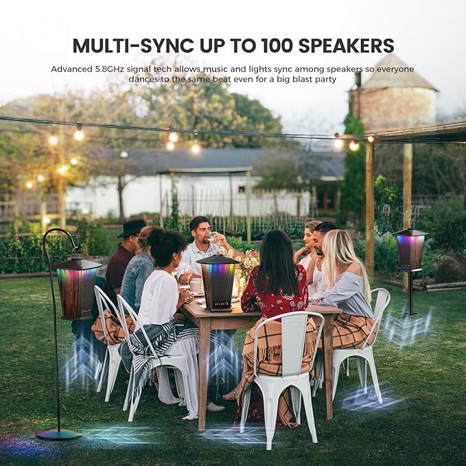 DbSoars 80W Outdoor Bluetooth Speaker Waterproof, True Wireless Stereo Sound with Punchy Bass, Multi-Connect up to 100 Speakers, 4 Adjustable Modes Beat-Driven Lights, Party/Patio/Pool Side/Beach, 2 Pack