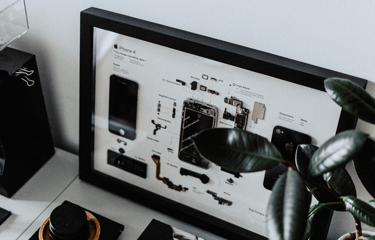 Xreart iPhone 4 Teardown Framed Wall Art - Retro Tech Decor Unique Gift for Apple Fans and Collectors